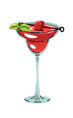 Watermelon drink in glass with ice, mint leaves and fruit, flat design vector illustration on white. Refreshing summer beverage, cold fruity cocktail. Perfect for menu, bar branding, social media