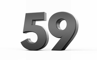 Sleek metallic Black number 59 Fifty nine standing on a white background, 3d illustration