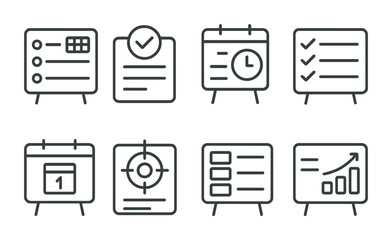 Business planning outline icons set – meeting, agenda, organization symbols