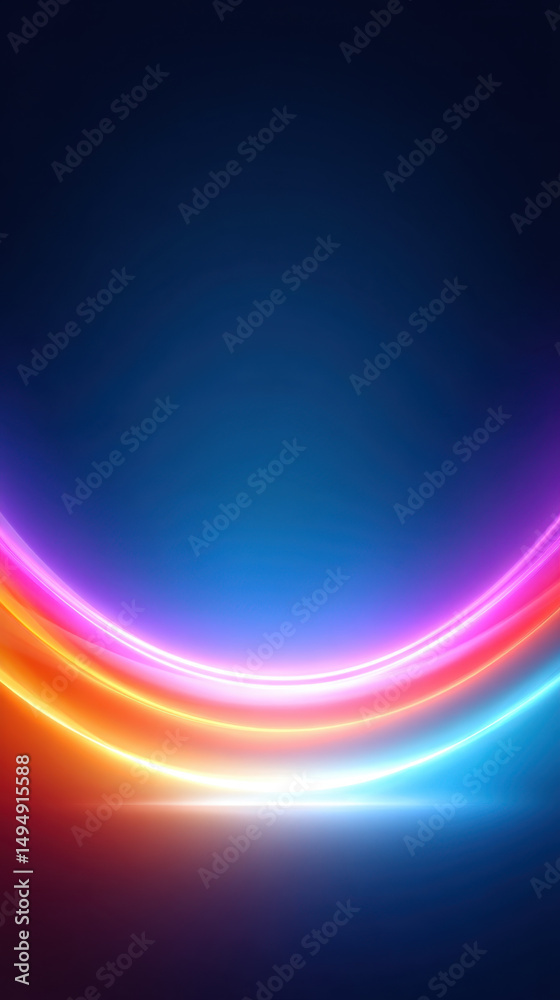 Poster Glowing vibrant curved lines in pink, orange, and blue create abstract colorful background with smooth gradient and bright light effect