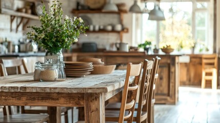 Fototapeta premium A rustic dining chair made of reclaimed wood, surrounded by a natural, farm-style dining table in a country home