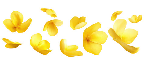 Scattered yellow flower petals isolated on black background creating a soft and elegant composition effect