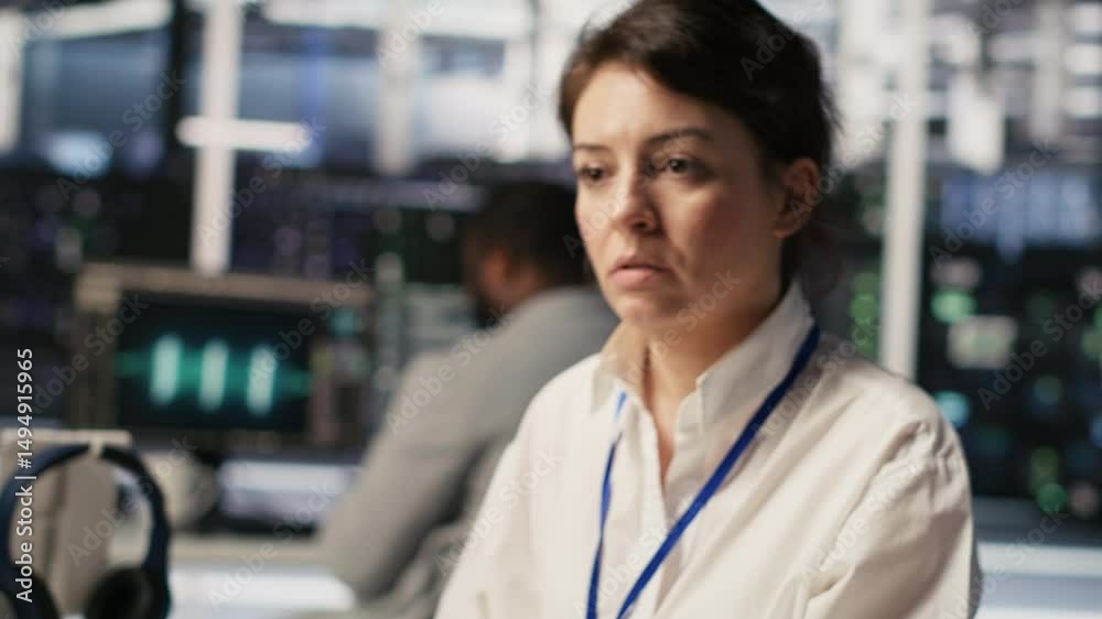 Poster tired data center engineer stretching, monitoring server clusters performing ai training. fatigued s