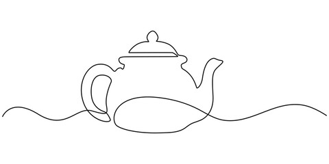 Continuous line drawing of a teapot in modern minimalist style on white background with copy space , cut out, Teapot Single Line Drawing Banner, Teapot Single Line Drawing Banner with Copy Space.
