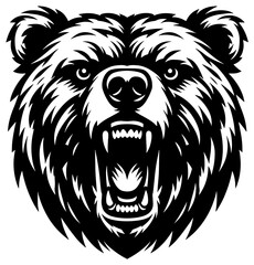 Fototapeta premium A stylized black and white graphic image of a bear's head with an open mouth