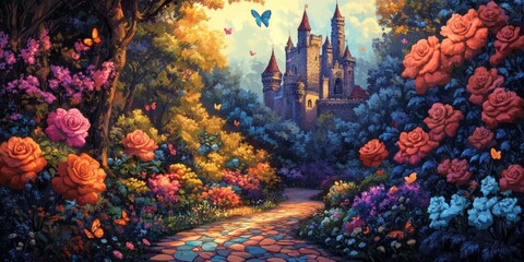 A colorful painting of a castle and a garden with a path leading to it