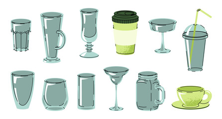 Empty glasses and cups collection, flat design vector set isolated on white background. Various transparent drinkware, tumblers for cofe, glasses, mugs and jars. Perfect for bar menus, cafe branding