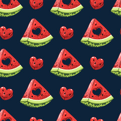 Watermelon Heart Seamless Pattern. Flat Design with Juicy Slice and Cut-Out Heart. Romantic Fruit Repeat for Valentines Day, Wedding Decor, Textile, Wrapping Paper. Sweet Vector Background.