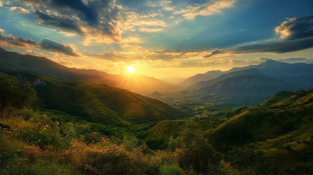 A scenic mountain range landscape view during sunset with a cloudy sky and green valley below