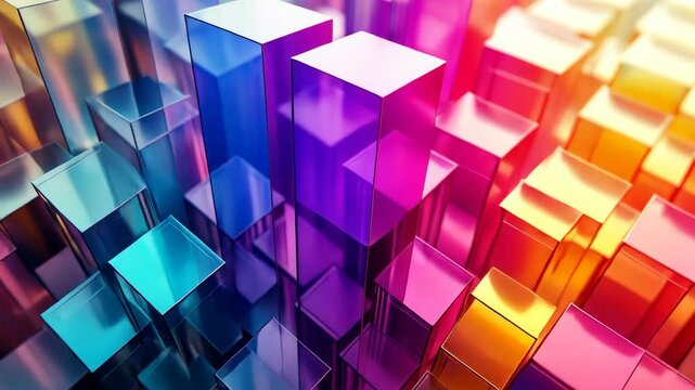 Vibrant, multicolored glass cubes create a dynamic, abstract cityscape