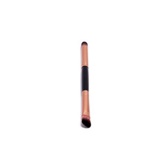 Dual-ended makeup brush with rose gold ferrules and brown bristles, used for blending eyeshadow