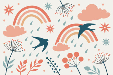 Blue vector floral seamless pattern with birds, butterflies, and fish, a beautiful nature illustration