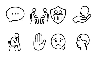 Mental health outline icons set – linear, support, therapy, counseling symbols