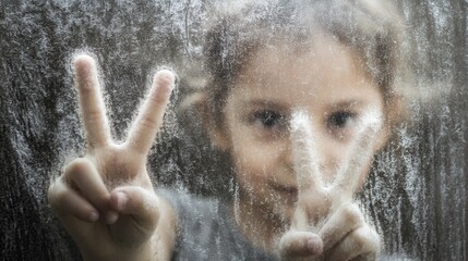 Child Making Peace Signs Behind a Foggy Glass Window