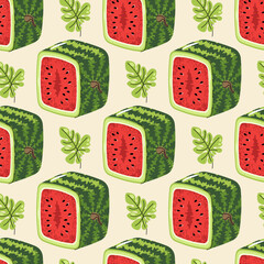 Square Watermelon Half Seamless Pattern. Flat Vector Geometric Fruit Design for Juice Packaging, Kitchen Decor, Hipster Logos, Modern Wallpaper. Fresh Style