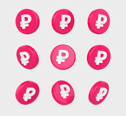 3D Render of a Pink coins featuring a white ruble symbol on its surface, 3d illustration