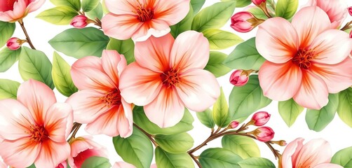 Delicate peach blossom watercolor pattern with lush greenery, vintage floral elegance, vintage, packaging