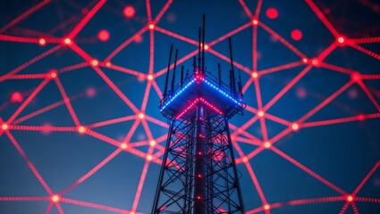 A communication tower illuminated with red and blue lights against a network of red lines and dots