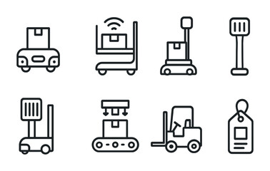 Warehouse and logistics linear icons set – inventory, supply chain, shipping symbols