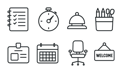 Office productivity line icons set – outline, task, workplace efficiency symbols