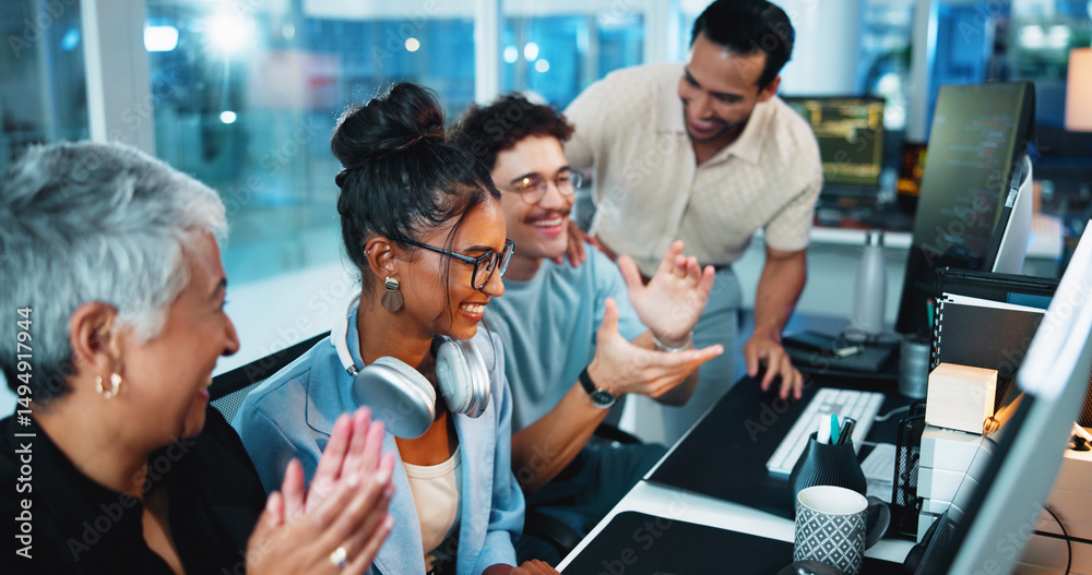 Poster Office, computer and businesswoman with applause for achievement, motivation and coding team. Night, collaboration and programmer with success for programming goal, celebrate and excited for clapping