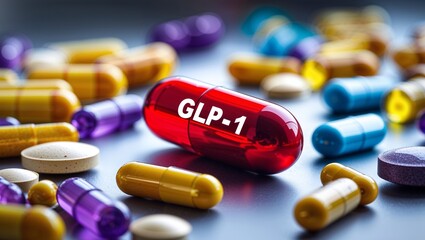 Close up shot of glp-1 red capsule surrounded by various colorful pills on a dark surface