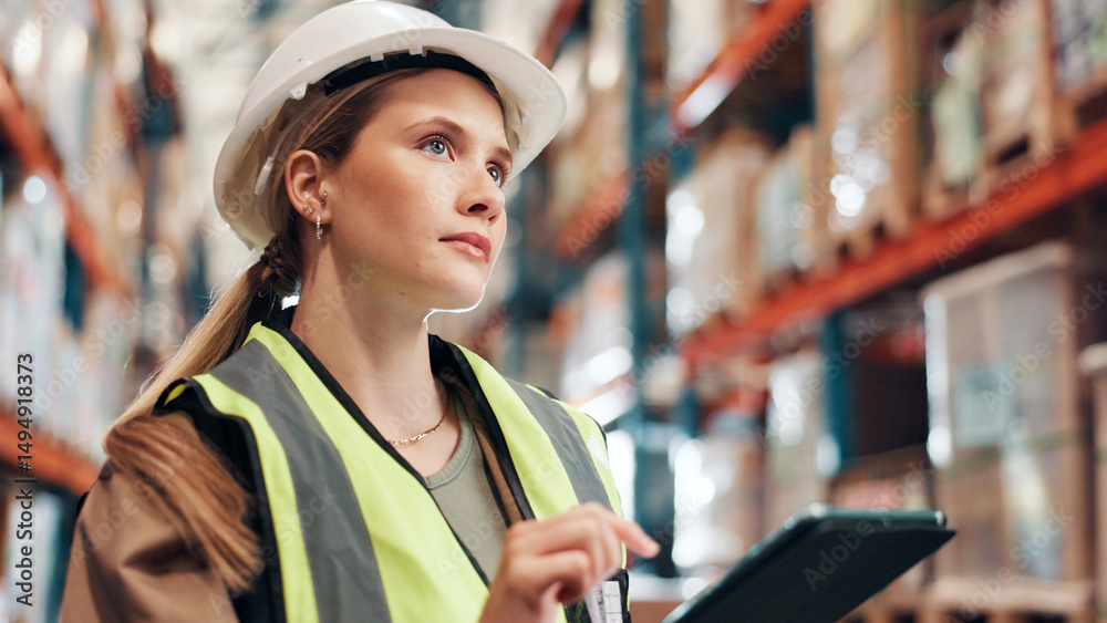 Poster Thinking, distribution and woman in warehouse, tablet and quality check with inventory. Storage, problem solving and employee in factory, tech and counting with supply chain and app for online order