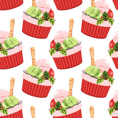 Watermelon sorbet seamless pattern. Background with cup with ice cream wooden spoon and mint leaves in flat style. Summer textiles, dessert packaging, cafe decor, party supplies. Vector illustration.
