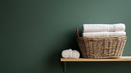 White towels neatly folded in a wicker basket on a wooden shelf against a green wall backdrop