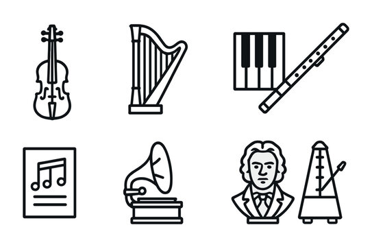 Classical music linear icons set &ndash; outline, line, orchestra and instrument symbols