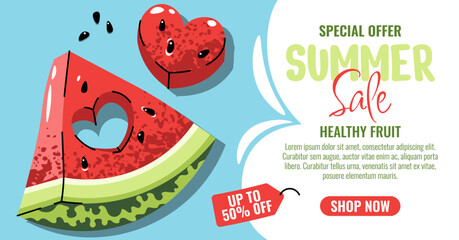Summer Sale Banner with Watermelon slice with heart-shaped cutout. Horizontal Design for Summer Promotions, Online Stores, Retail Ads, Social Media and Digital Marketing Use.