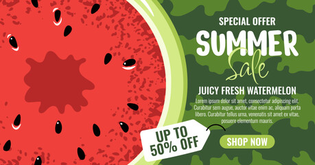 Flat Style Watermelon Promo Banner, Horizontal Layout with Fresh Fruit Design. Ideal for Seasonal Sale, Food Discount, Digital Advertising. Versatile for Social Media, E-commerce, Online Marketing