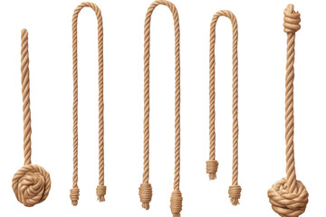 A collection of various lengths of brown rope hanging down with knots on a black background isolated shot