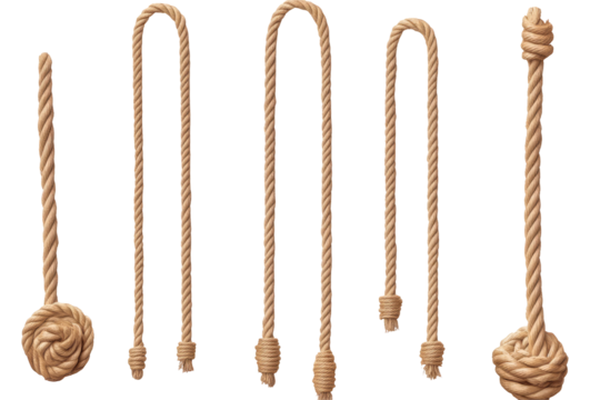 A collection of various lengths of brown rope hanging down with knots on a black background isolated shot