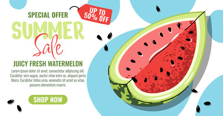 Watermelon Banner, Flat Horizontal Sale Background. Exotic Fruit Slice Design for Supermarket Promos, Juice Bar Ads, E-commerce. Clean Vector Illustration, Vibrant Summer Color.