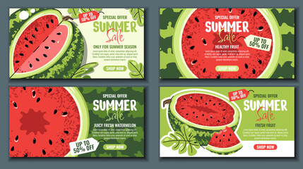 Watermelon Sale Banners Set, Flat Design Horizontal Templates with Fresh Fruit. Summer Promotion Backgrounds for Food Marketing, Grocery Discount, Social Media. For Supermarket, Juice Bar.