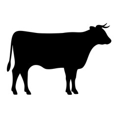 Black Silhouette of a Horned Cow Standing on a White Background