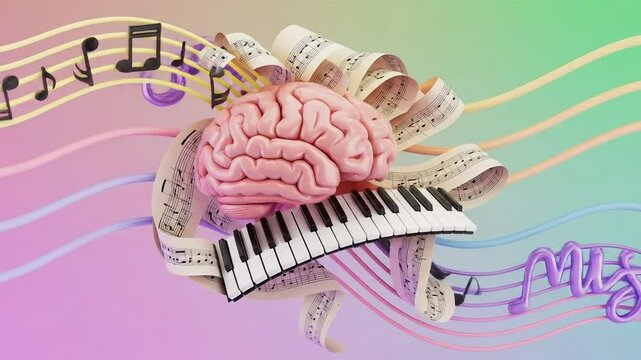 Brain with musical notes and piano keys representing psychology creativity concept of neo-memphis, digital modern collage, pop art  