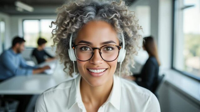 Professional Woman With Glasses in Modern Office Environment &ndash; Confident Businesswoman With Curly Hair for Corporate Training Videos and Workplace Diversity Content