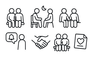 Community and friendship icons set – line, outline, social interaction symbols