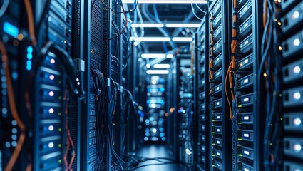 A server room with rows of servers and cables illuminated by blue and white lights in a data center