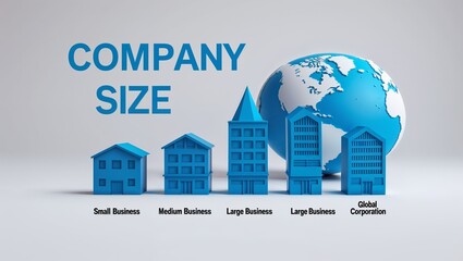 Company size comparison with buildings and globe showing business growth and global reach concept