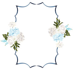 Hand draw frame with watercolor and graphic blue and white flowers, wildflowers and hydrangea, isolated on white background