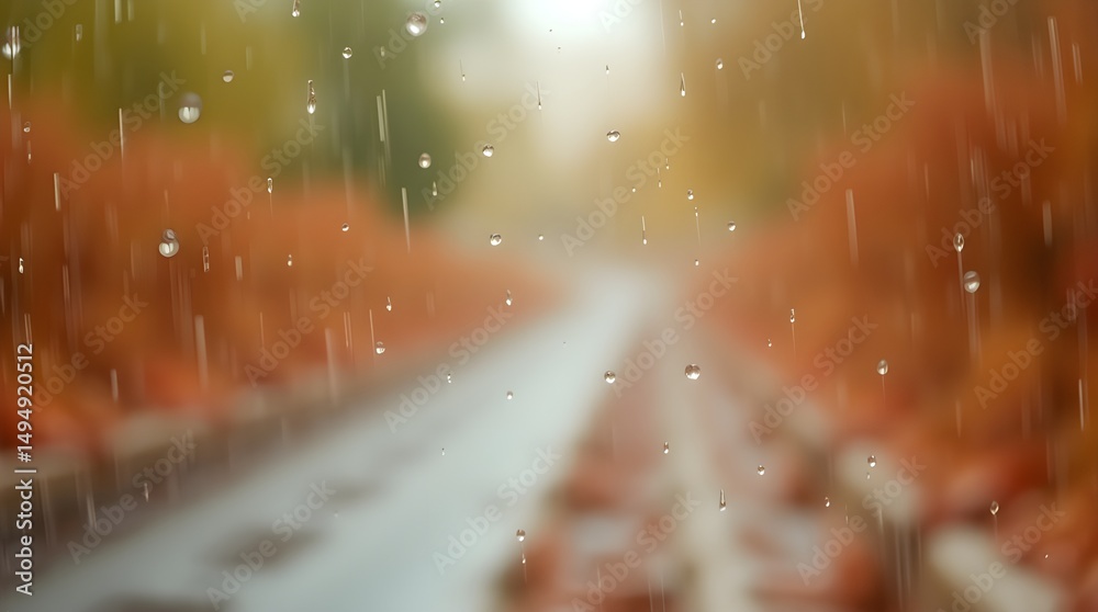 Wall mural raindrops gently fall over a blurred scene of a railroad surrounded by autumn foliage. the warm colo