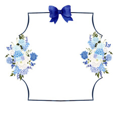 Hand draw frame with watercolor and graphic blue and white flowers, wildflowers and hydrangea, isolated on white background
