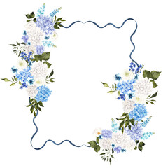 Hand draw frame with watercolor and graphic blue and white flowers, wildflowers and hydrangea, isolated on white background