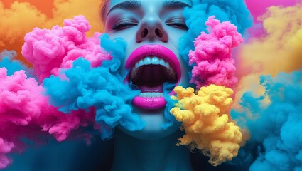 A woman with open mouth surrounded by colorful smoke in a vibrant and surreal composition art style
