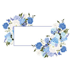Hand draw frame with watercolor and graphic blue and white flowers, wildflowers and hydrangea, isolated on white background