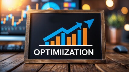 A chalkboard displaying an upward trending graph with the word optimiization on a wooden table