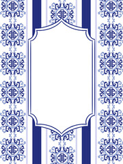 Hand draw frame with graphic tiles, lines, with watercolor blue and white hydrangea, wildflowers.